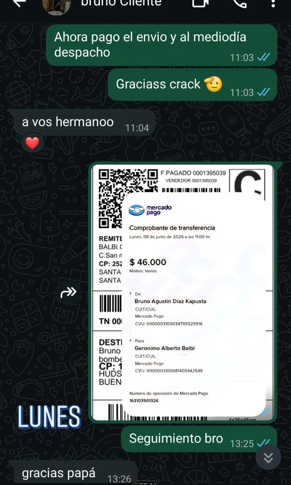 Captura de mensaje de Bruno A.